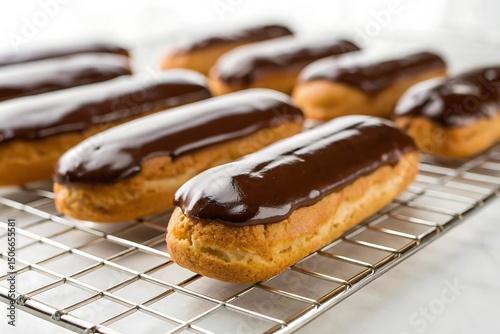 Freshly baked chocolate eclairs cooling on a wire rack are a classic French pastry dessert.