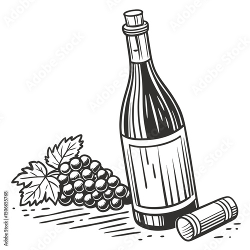 Elegant Monochrome Illustration of Wine Bottle, Grapes, and Cork on White Background