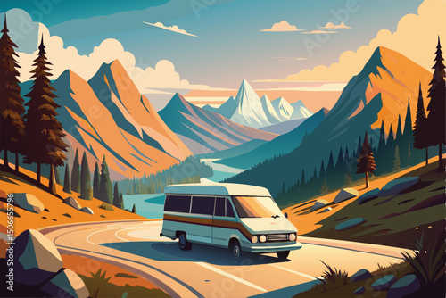 Mountain Road Trip Van Life Adventure in Scenic Landscape