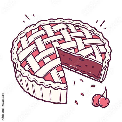 An abstract vector illustration of a tasty birthday pie with a snake and red and green apples
