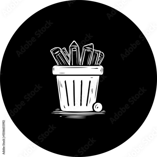 Stylized monochromatic artwork of pencils and pens in a container within a circle
