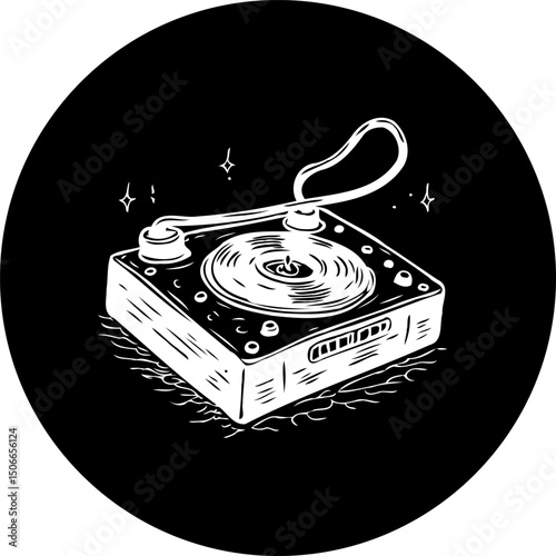 Monochrome turntable illustration set against a stark black circular background