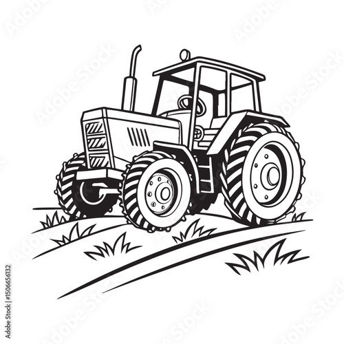 Black & white farm tractor, an agricultural machine and vehicle, isolated on a white background