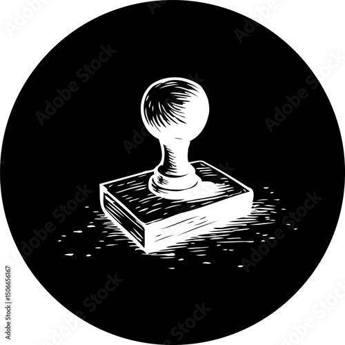 Stylized depiction of an inked stamping tool on a black circular backdrop