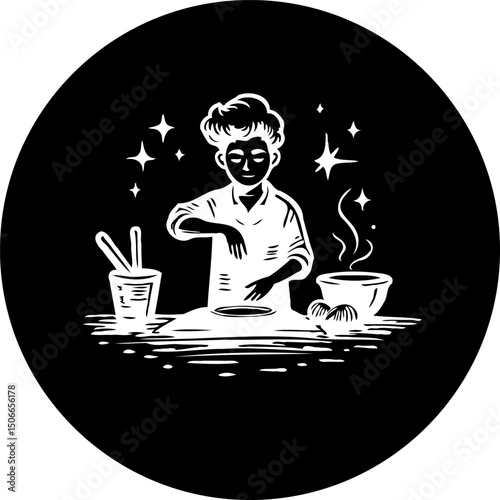 Illustrative depiction of a person preparing food in a kitchen setting against a dark backdrop