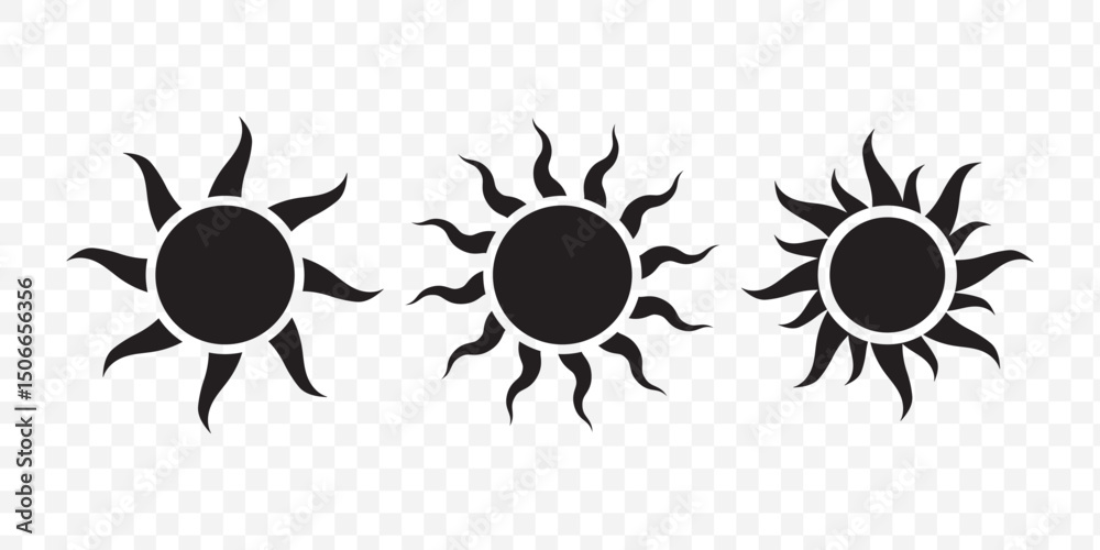 Obraz premium Sun icon set in yellow color on white background. Sun simple icons collection. Yellow sun icon set, sunshine and solar glow, sunrise or sunset. Vector illustration. EPS 10