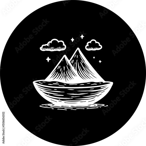 Monochromatic mountain scape emblem with celestial accents in circular design