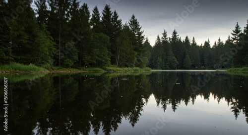 Tranquil lake reflects evergreen forest under a cloudy sky