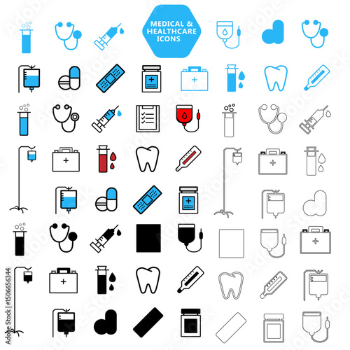 Health checkup stroke icon set. Medical care service icons such as checkup, patient, doctor, treatment, blood pressure, healthy food, injection, and health card. Vector stroke outline icons