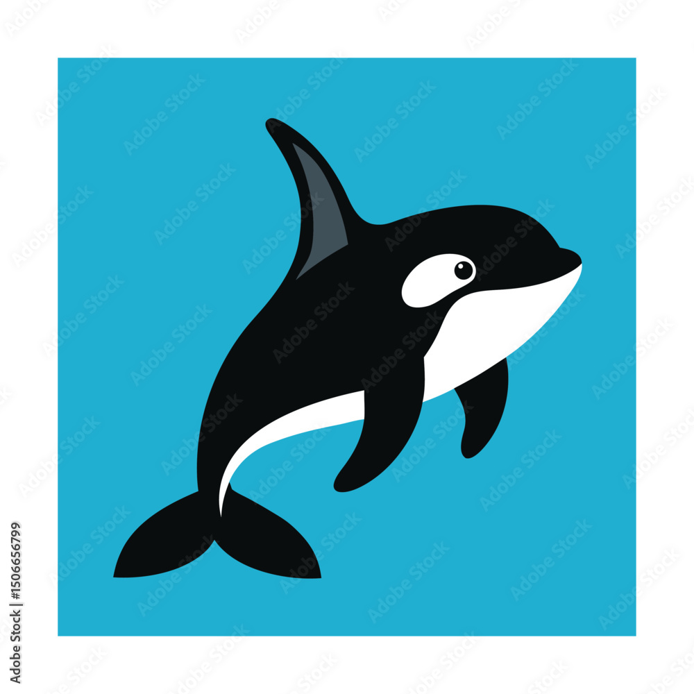Fototapeta premium Cute and friendly killer whale cartoon swimming in a blue ocean background