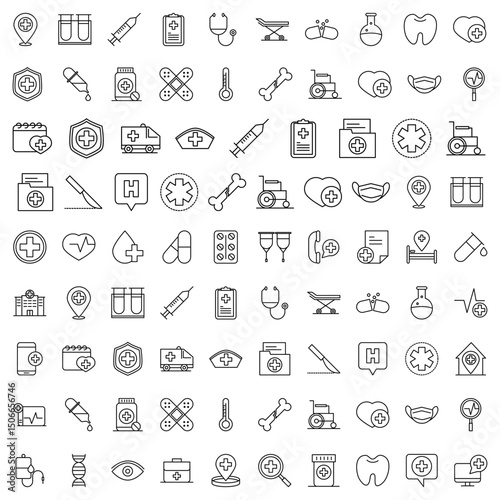 Healthcare and medical icon set. Containing doctor, medicine, health, nurse, patient, hospital, ambulance and more. Outline vector icons collection.