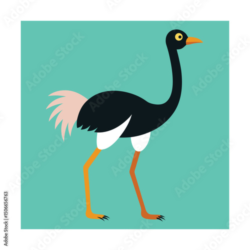 Stylized illustration of a colorful ostrich standing against a teal background