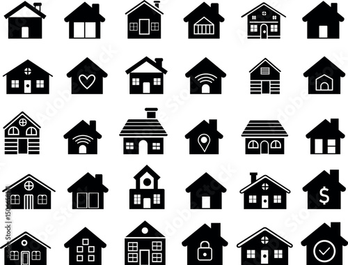 Solid black real estate and architecture icon set showing a wide range of home designs including traditional, modern, and conceptual housing for property marketing and development