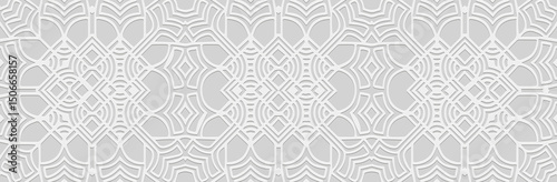 Banner, cover design. Geometric ethnic 3D pattern on white background. Embossed ornaments, arabesques, mandala, fresco, painting of the East, Asia, India, Mexico, Aztec, Peru.