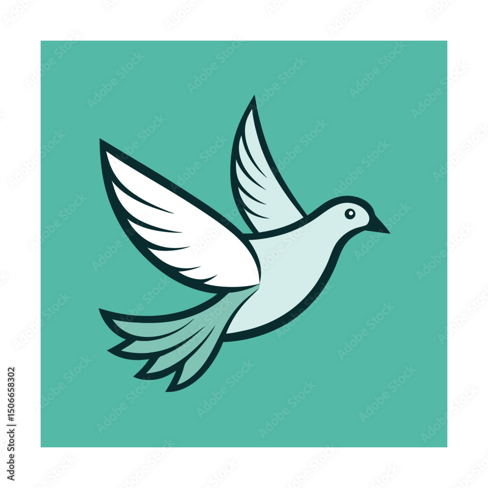 Obraz premium Stylized dove in flight icon vector illustration on teal background simple and modern design