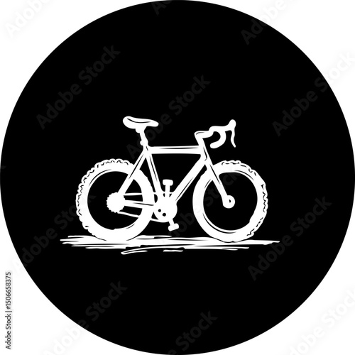 Stylized bicycle icon against circular black backdrop conveying outdoor sports
