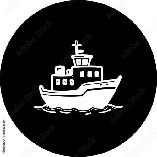 Stylized maritime vessel within a circular frame, minimalist monochrome drawing