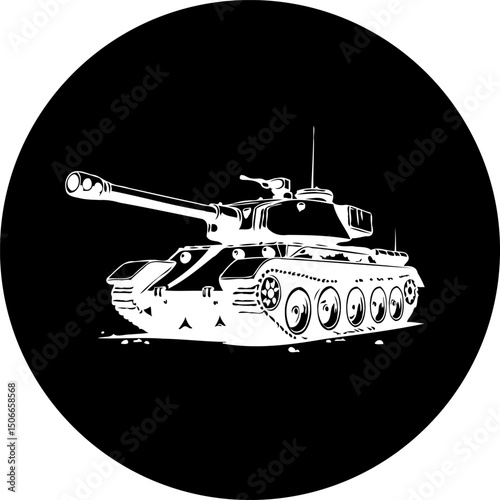Monochromatic depiction of a robust military tank against a stark black backdrop