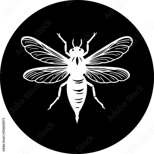 Stylized silhouette of a bee rendered in white against a black circular field