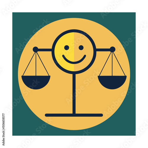 Illustrated happy scales of justice concept depicting balance and positivity