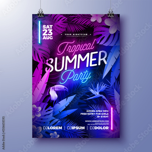 Summer Party Flyer Design Template with Glowing Neon Light on Fluorescent Tropic Leaves Background. Vector Summer Celebration Holiday Illustration for Banner, Flyer, Invitation or Celebration Poster.