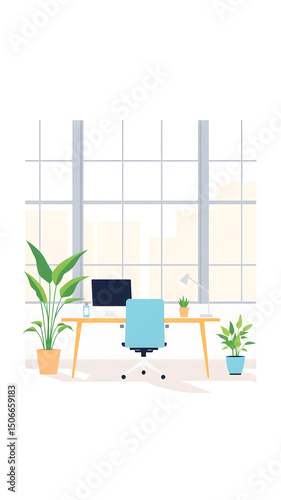 Flat minimalistic illustration of modern open space office, laptop at desk, indoor plant, large windows, simple furniture.