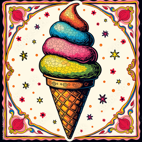Colorful ice cream cone illustration with decorative background design. T-shirt print  