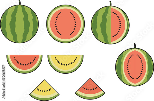 Fresh red and yellow watermelon icon set, vector illustration of watermelon fruit icon for web, banner and advertising needs.