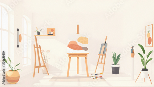 Flat minimalistic art studio interior, canvas, creative workspace, painting tools, soft color palette, modern artist concept.