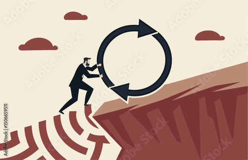 Entrepreneur pushing consistency circle symbol up hill with full effort. Consistency key to success, business strategy to repeatedly deliver work done, personal development or career growth.
