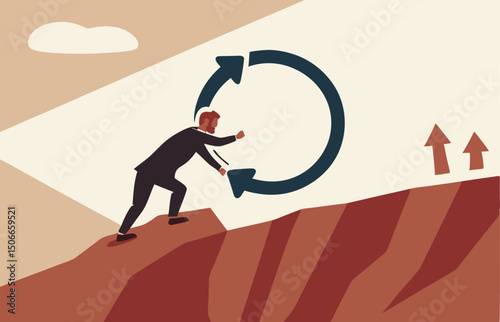 Entrepreneur pushing consistency circle symbol up hill with full effort. Consistency key to success, business strategy to repeatedly deliver work done, personal development or career growth.
