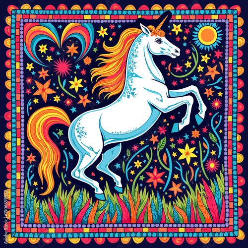 Colorful unicorn prancing in whimsical floral scene on dark background . T-shirt print 