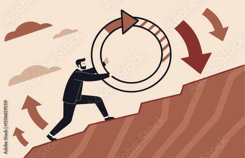 Entrepreneur pushing consistency circle symbol up hill with full effort. Consistency key to success, business strategy to repeatedly deliver work done, personal development or career growth.
