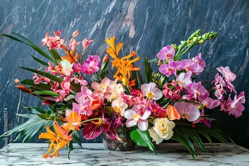 Vibrant tropical orchid arrangement a stunning burst of pink orange and yellow blossoms against a dark marble background