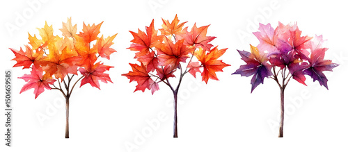 Watercolor painting of three maple trees with vibrant autumn leaves in shades of yellow, orange, and purple isolated on transparent background