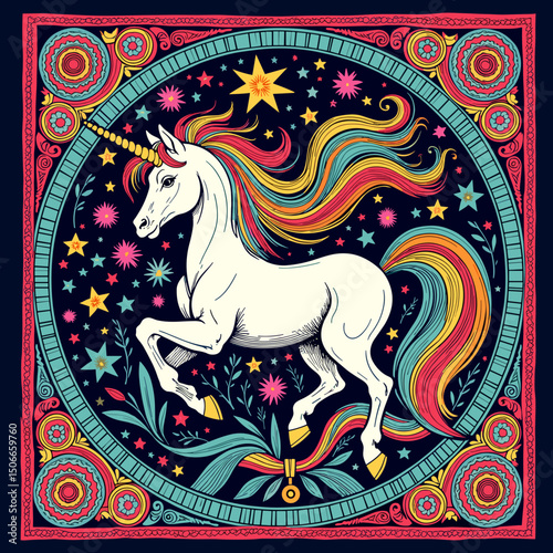 Colorful unicorn illustration with stars and floral elements . T-shirt print