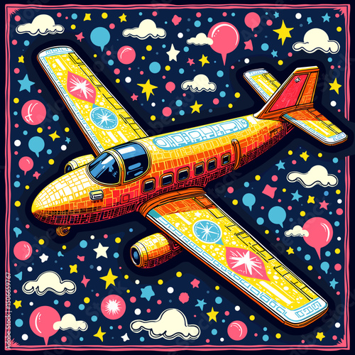 Colorful airplane illustration with stars and balloons in a whimsical style. T-shirt print  