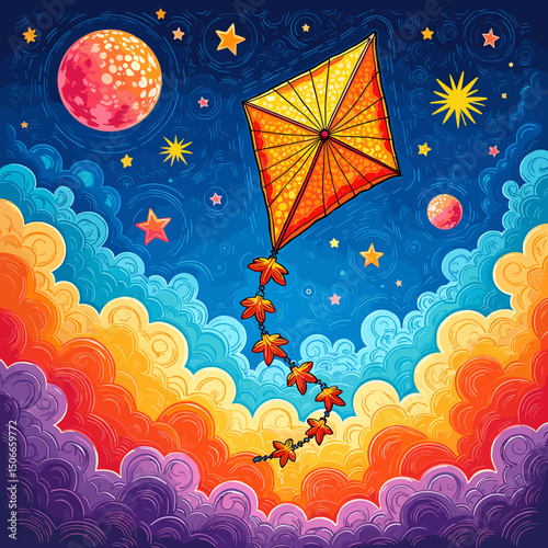 Colorful kite flying among vibrant clouds and stars in the night sky. T-shirt print  