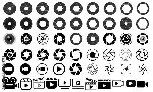 Camera aperture icons set. Camera lens diaphragm row with aperture. vector illustration