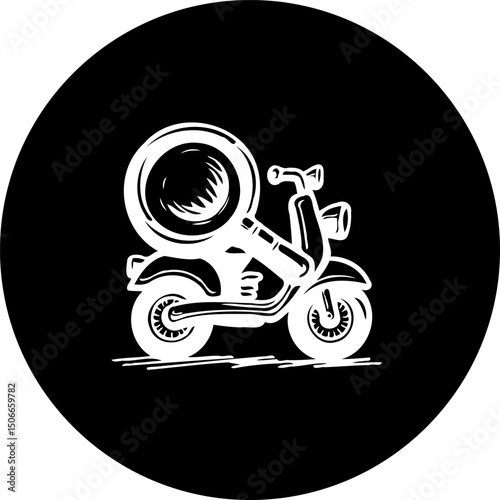 Stylized Vintage Scooter with Magnifying Glass Emblem in Monochrome
