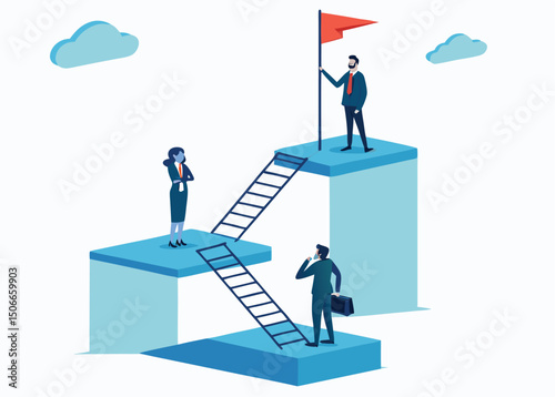Business concept a ladder Corporate of success. Business people employee climb ladder to next level. Flat vector illustration