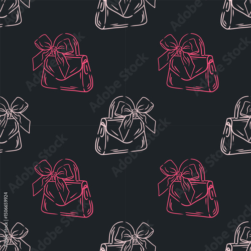 Line illustration bag on black background. Pattern coquette girly handbag with bow. For textiles, packaging, wallpapers, postcards or covers.