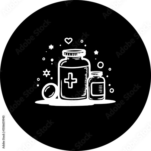 Minimalistic medication concept featuring pill bottles and a floating capsule