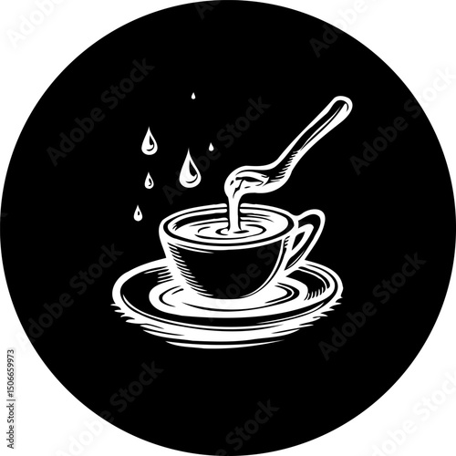 Stylized monochrome vector illustration of a coffee cup and stirring spoon