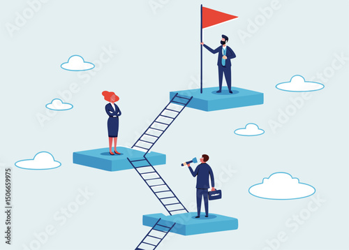 Business concept a ladder Corporate of success. Business people employee climb ladder to next level. Flat vector illustration