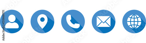 Business card and website icon set. Contact information blue icons containing name, location, phone, email and web address symbol. Transparent png and vector illustration.