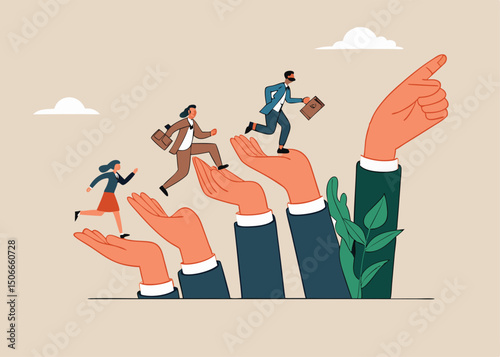 Leadership or career path growth strategy.  Determination to grow and success. Business people step up stairway on leader pointing hand. Flat  vector illustration