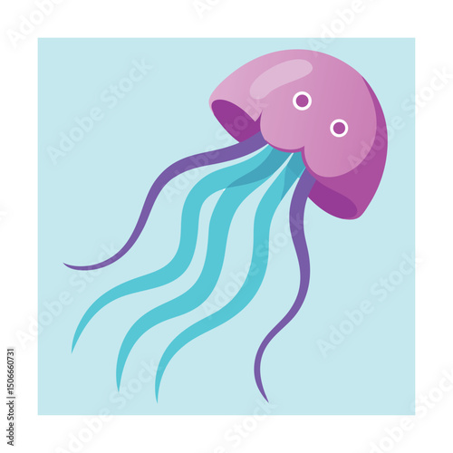 Beautiful cartoon illustration of a purple jellyfish floating in a turquoise sea environment