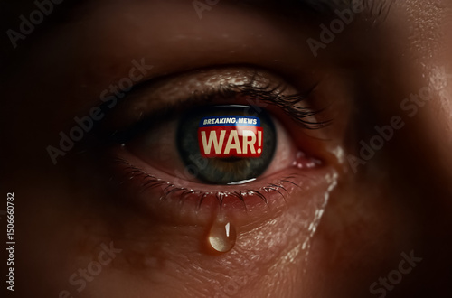 Tearful eye reflecting a breaking news alert with 'WAR!' on the iris, symbolizing emotional impact and fear in times of crisis.