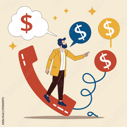 Confidence salesman standing with telephone connected to money dollar sign. Telemarketing or telesales, phone call for selling product or business deal via telephone call, insurance agent concept.